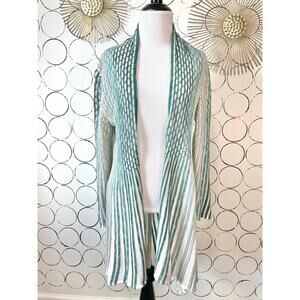 Nic & Zoe Womens Long Cardigan SP Teal Linen Blend Woven Artsy Boho Open Front